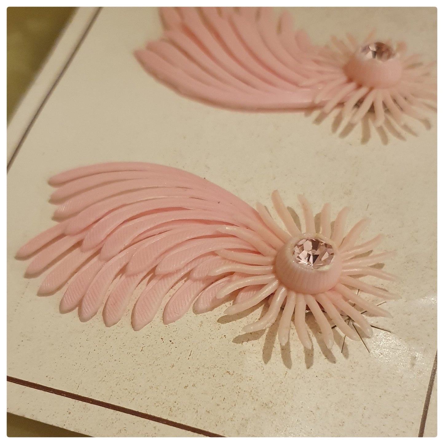 1960s UNWORN PINK PLASTIC AND DIAMONTE EARRINGS