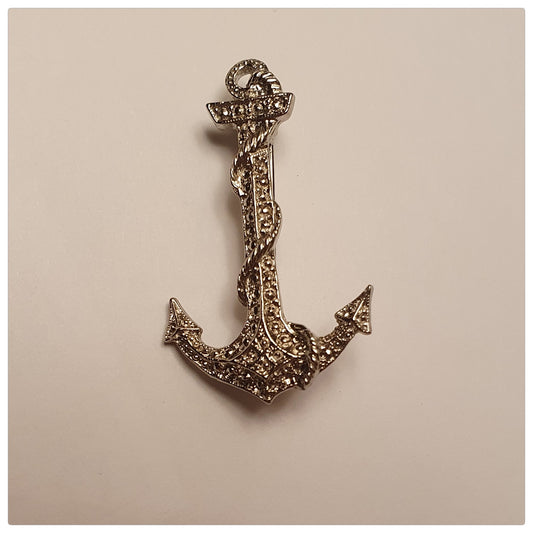 1980s MARCASITE SILVER TONE ANCHOR BROOCH