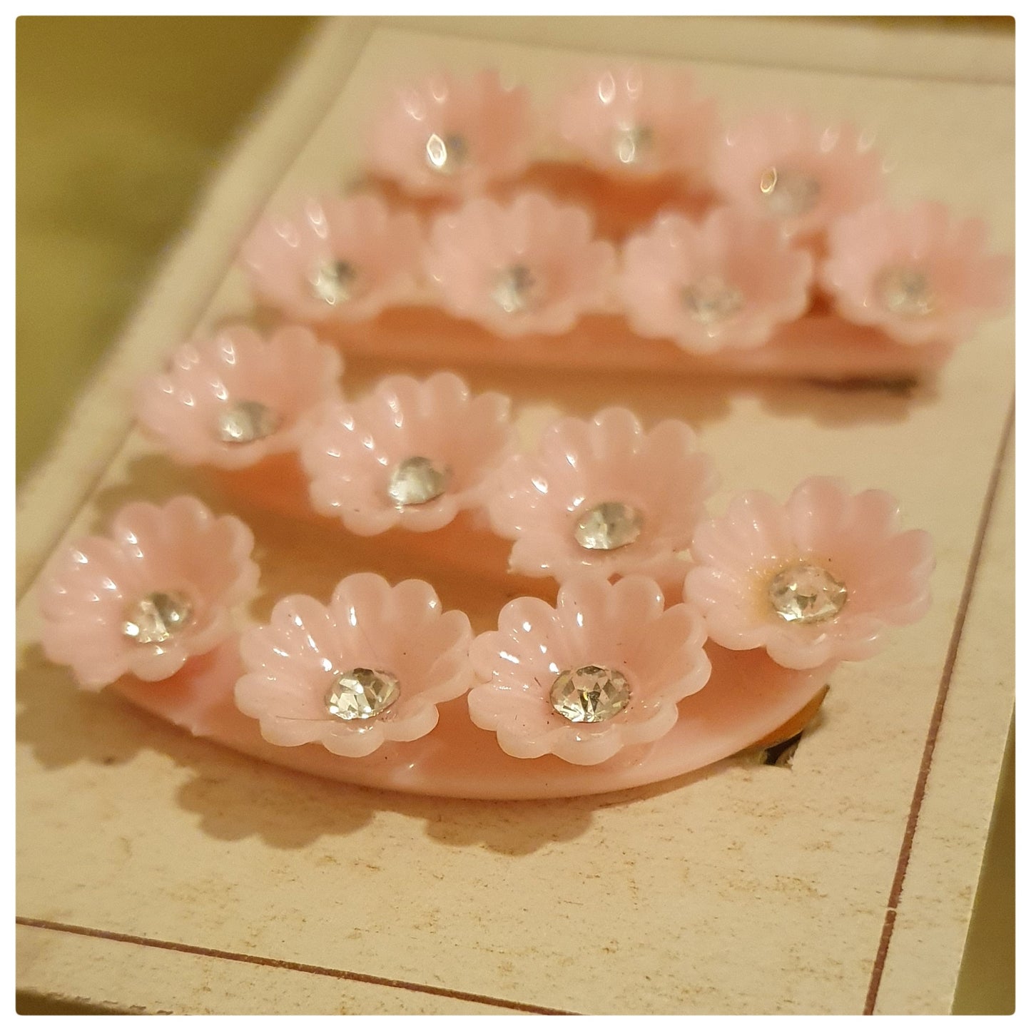 1960s HARD PLASTIC PINK FLOWER EARRINGS WITH DIAMONTES