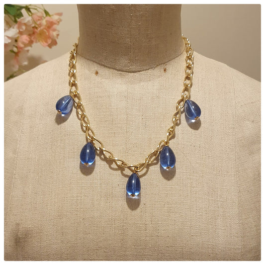 1980s FRANK USHER BLUE DROP AND GOLDTONE NECKLACE NOS