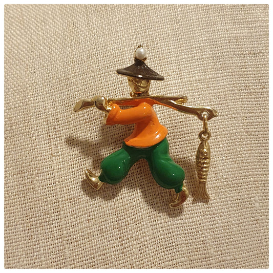 1950s ENAMEL ORIENTAL FISHERMAN BROOCH ORANGE AND GREEN