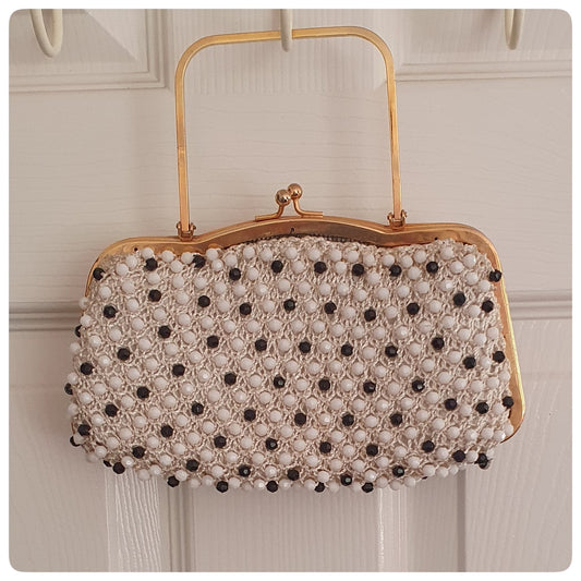 1950s EMPIRE MADE NAVY AND WHITE BEAD BAG