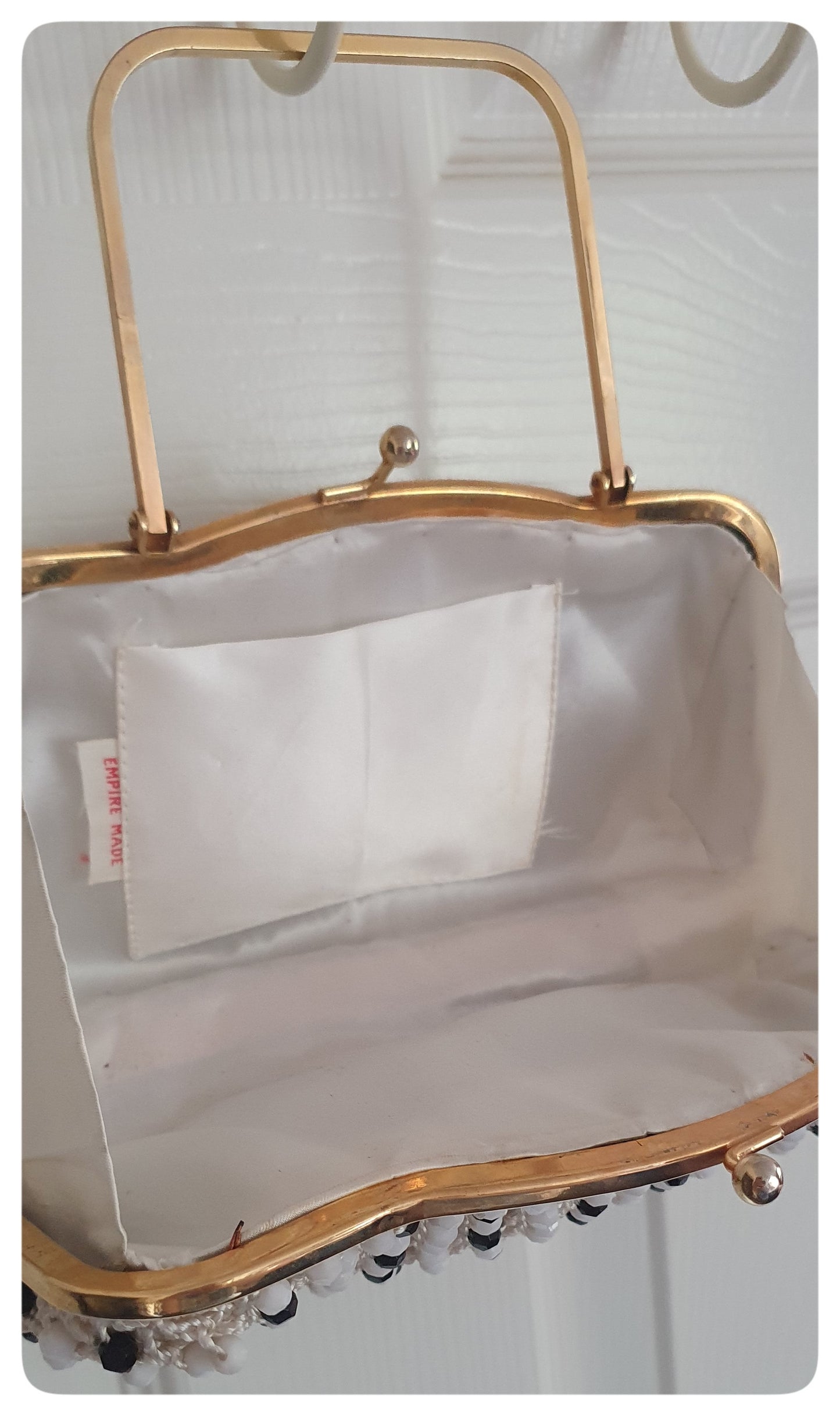 1950s EMPIRE MADE NAVY AND WHITE BEAD BAG