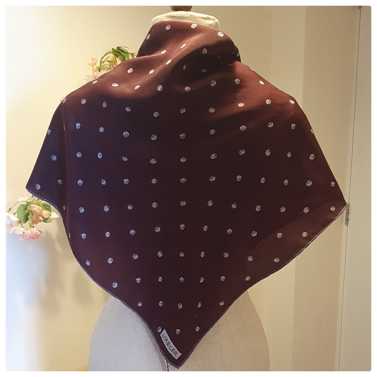 JAEGER - BURGUNDY AND SPOT SILK SCARF