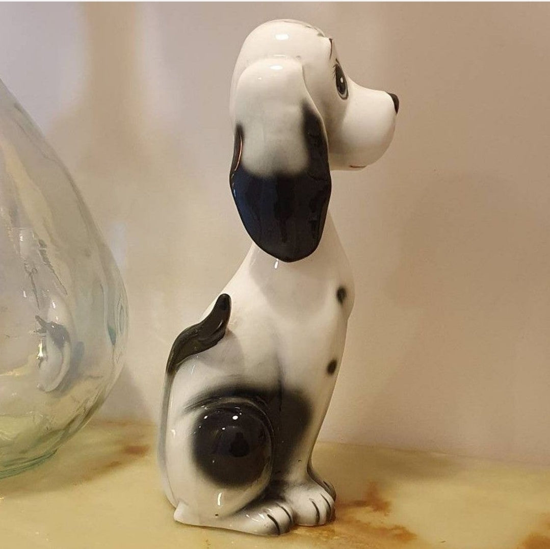 MID-CENTURY MCM BIG EYED CERAMIC BLACK AND WHITE  DOG