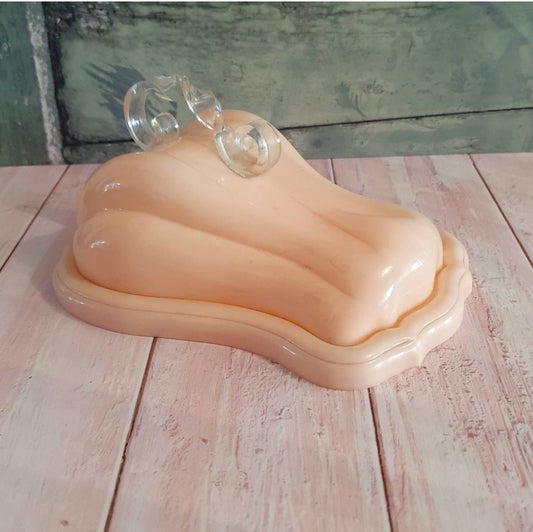 1950s PINK LUCITE CHEESE DISH TWISTED HANDLE