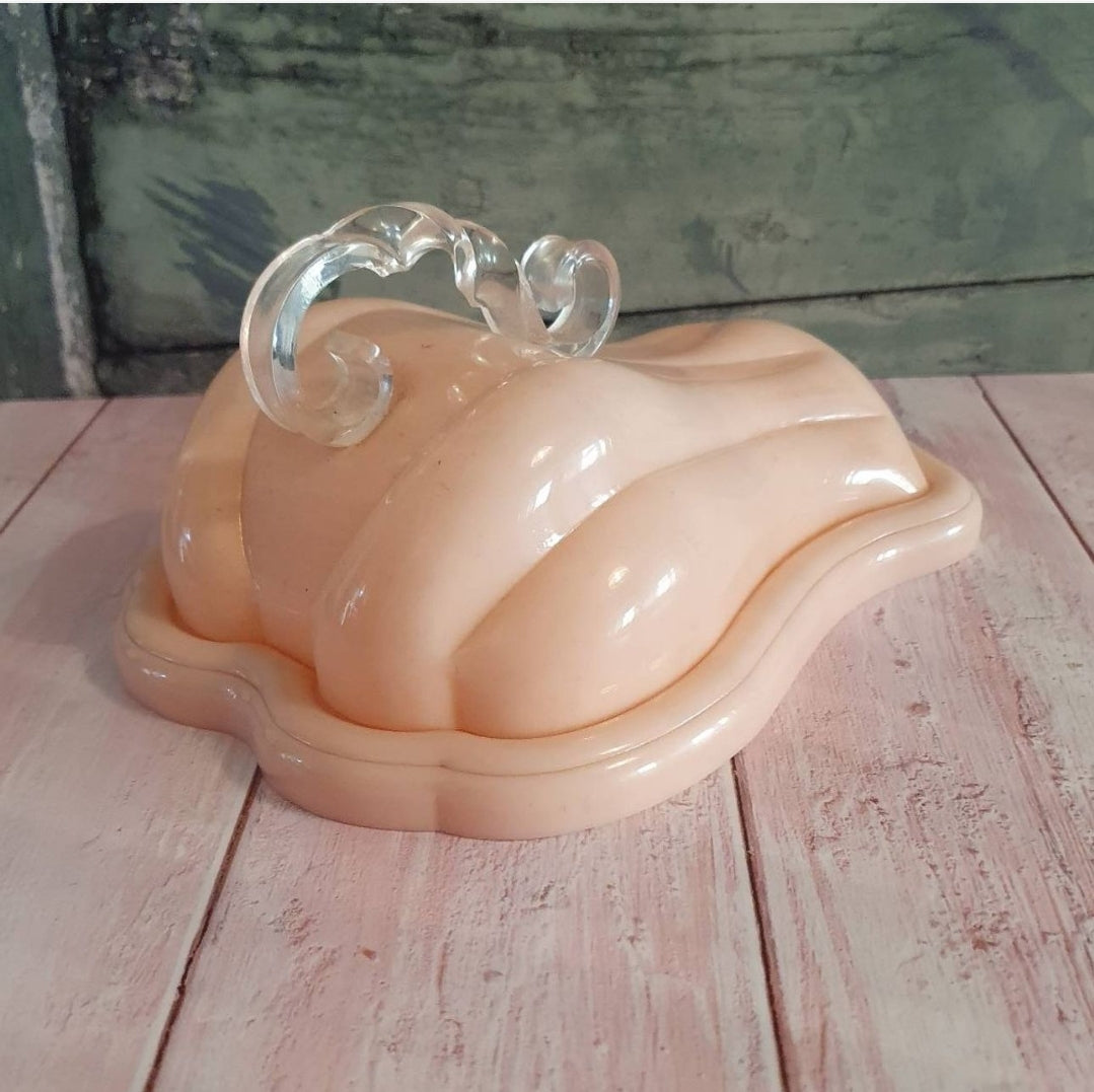1950s PINK LUCITE CHEESE DISH TWISTED HANDLE