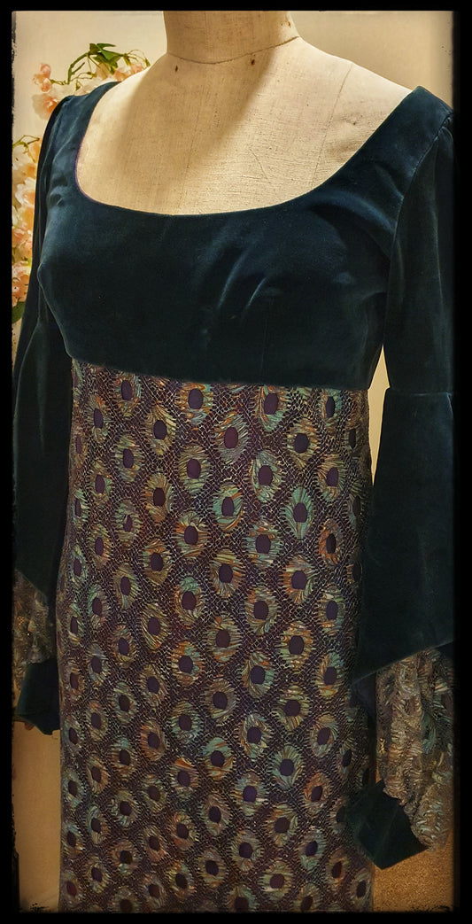 1970s QUAD PEACOCK VELVET AND LACE ETHEREAL MAXI DRESS UK 10