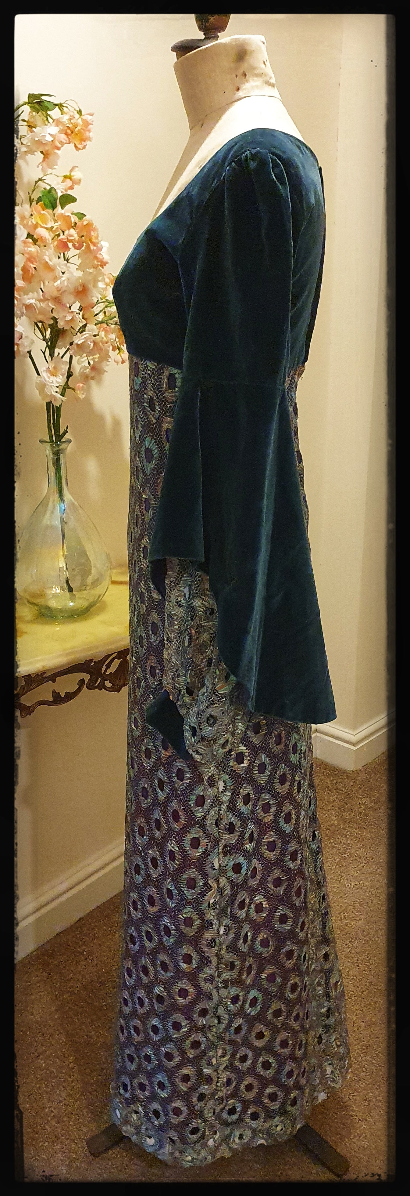 1970s QUAD PEACOCK VELVET AND LACE ETHEREAL MAXI DRESS UK 10