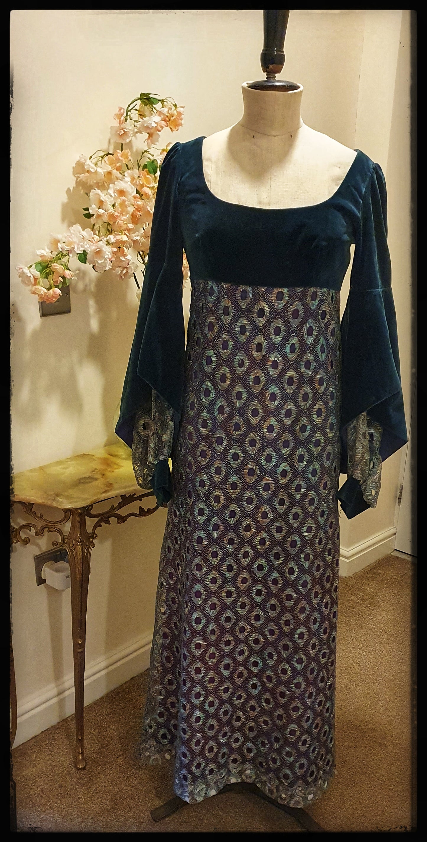 1970s QUAD PEACOCK VELVET AND LACE ETHEREAL MAXI DRESS UK 10