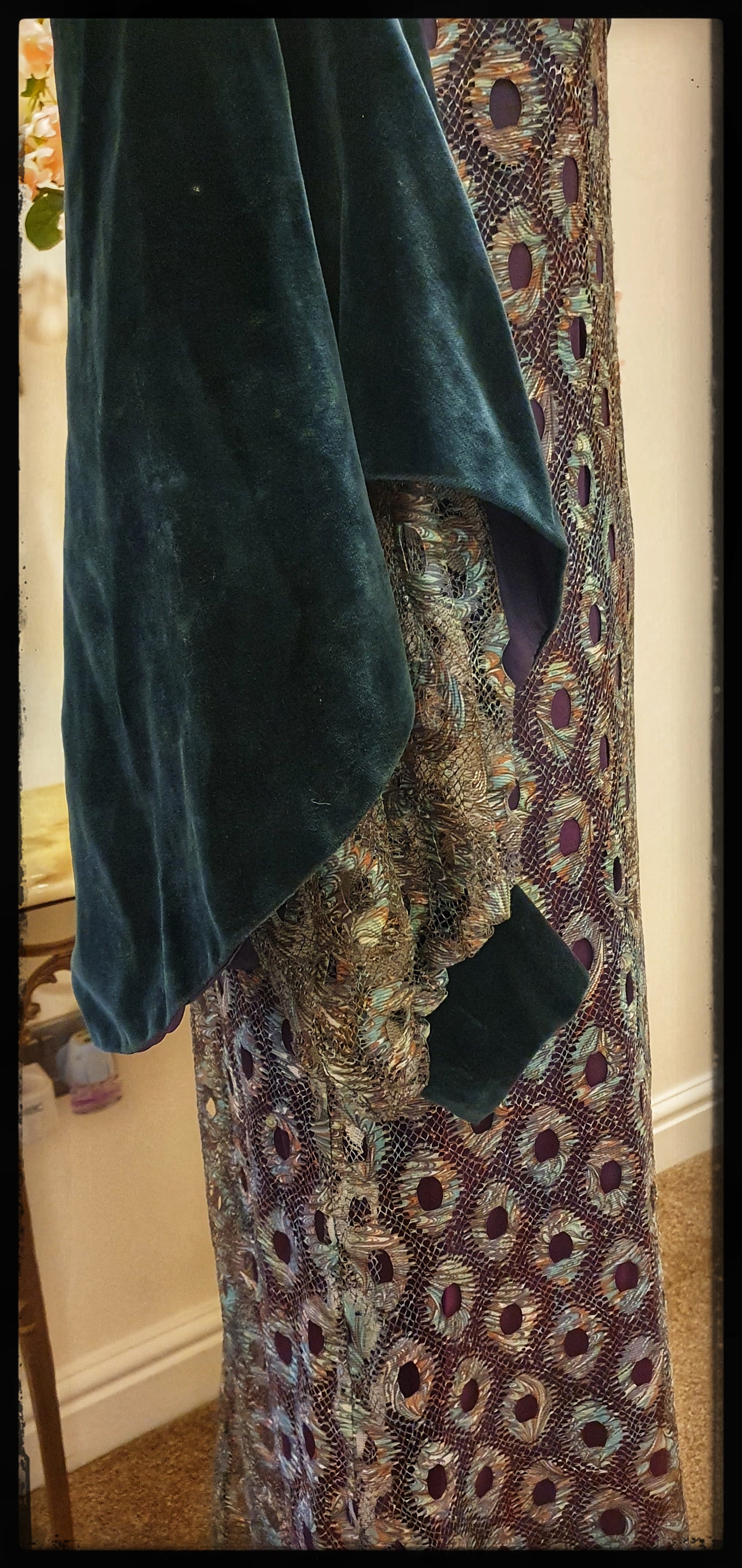 1970s QUAD PEACOCK VELVET AND LACE ETHEREAL MAXI DRESS UK 10