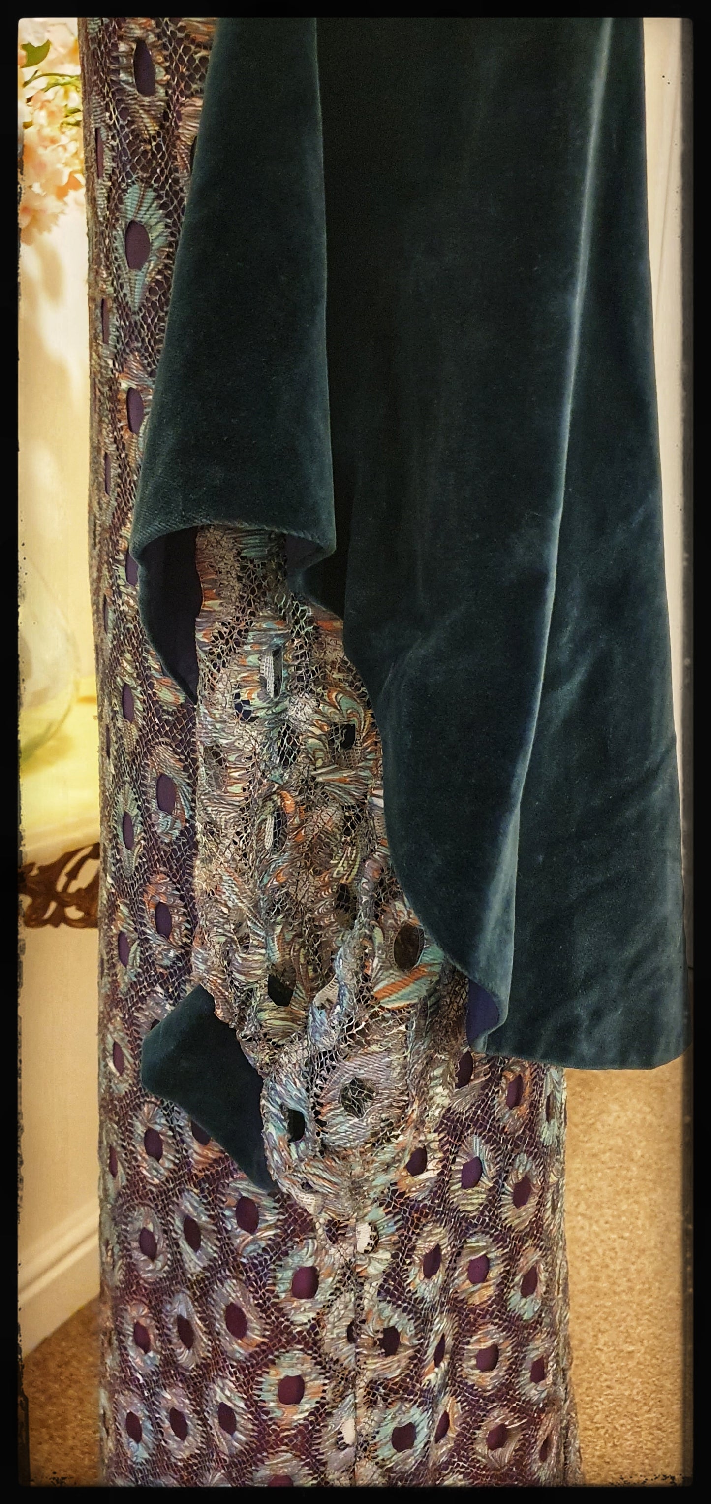 1970s QUAD PEACOCK VELVET AND LACE ETHEREAL MAXI DRESS UK 10