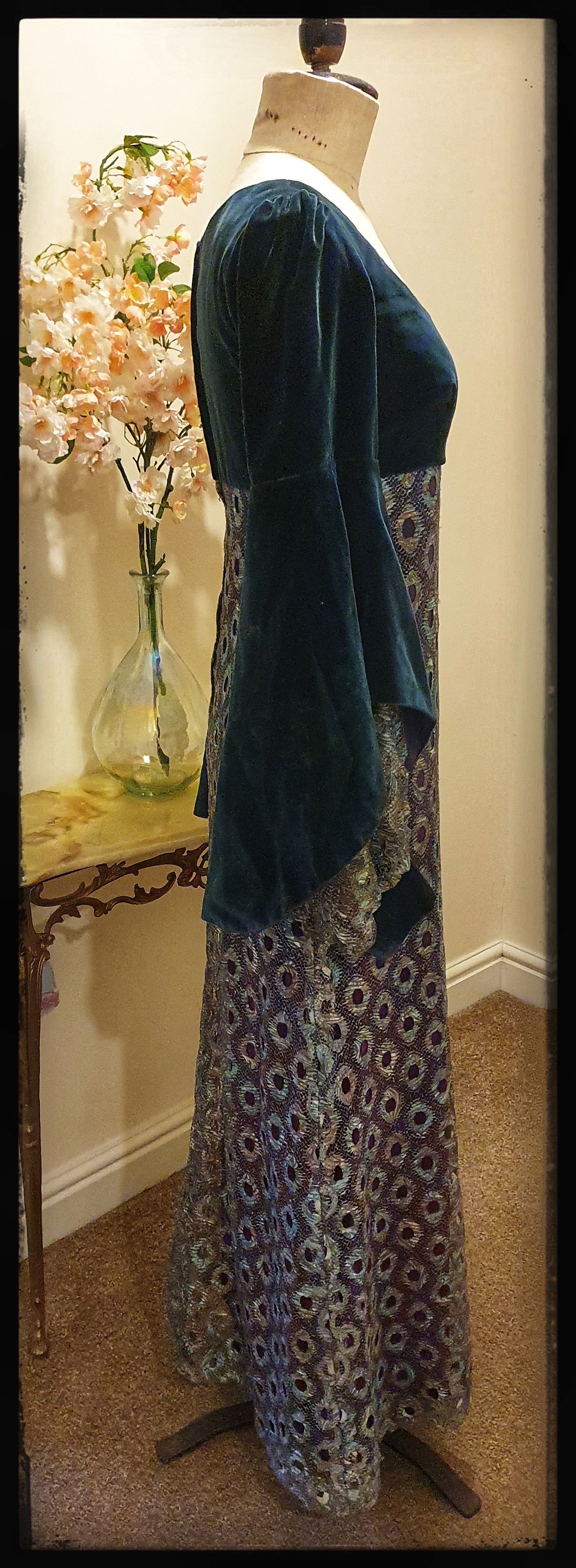 1970s QUAD PEACOCK VELVET AND LACE ETHEREAL MAXI DRESS UK 10